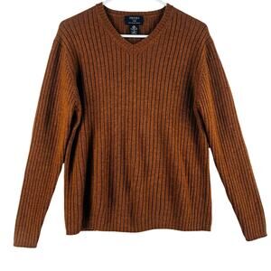 Brooks Brothers 346 Mens Sweater M Rust Orange Ribbed V-Neck Merino Wool Italian